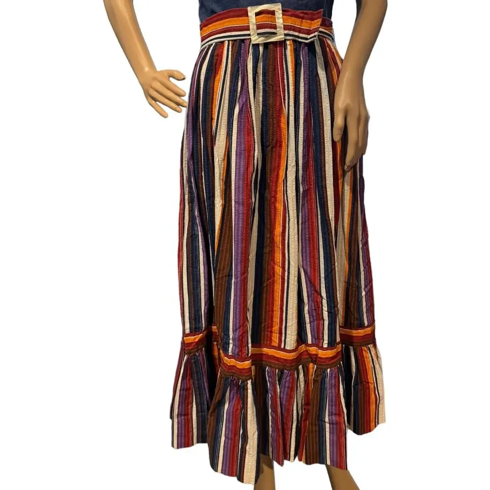 Vintage 1970s PLW Denim & Striped Prairie Midi Dress Boho Belted